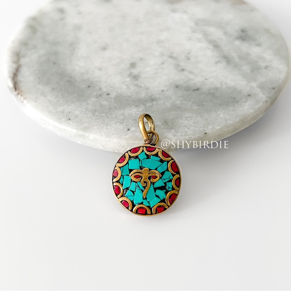 NEW Tibetan Artisan Handcrafted Circle Pendant, Turquoise & Red Coral Inlay